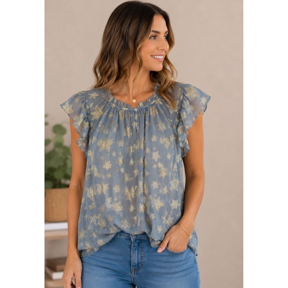 3/$25 LOFT Womens Top L Blue Gold Metallic Star Print Flutter Sleeve Ruffle Neck